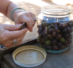 Scoring the black olives